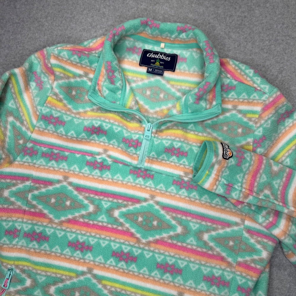 Chubbies Fleece Pullover Mens Medium Teal Aztec Southwest Quarter Zip Jacket